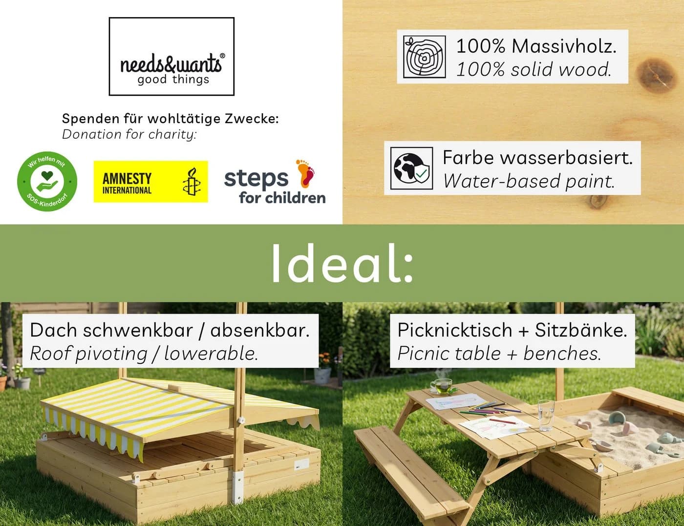 needs&wants® Sandkasten mit Picknicktisch und UV-Schutz - Bild 3