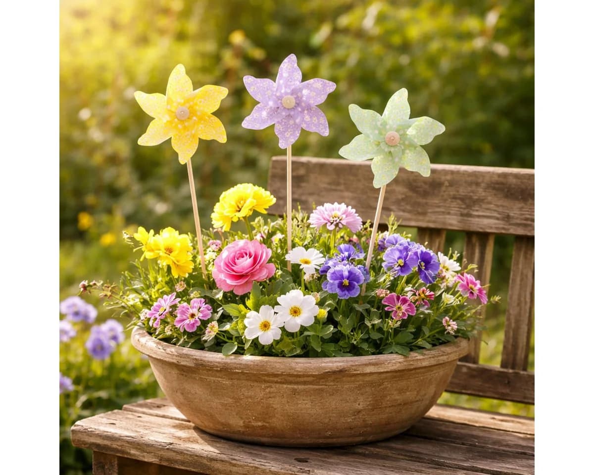 Viana 12er Set Blumenstecker mit Windmühle Bunt Gartendeko
