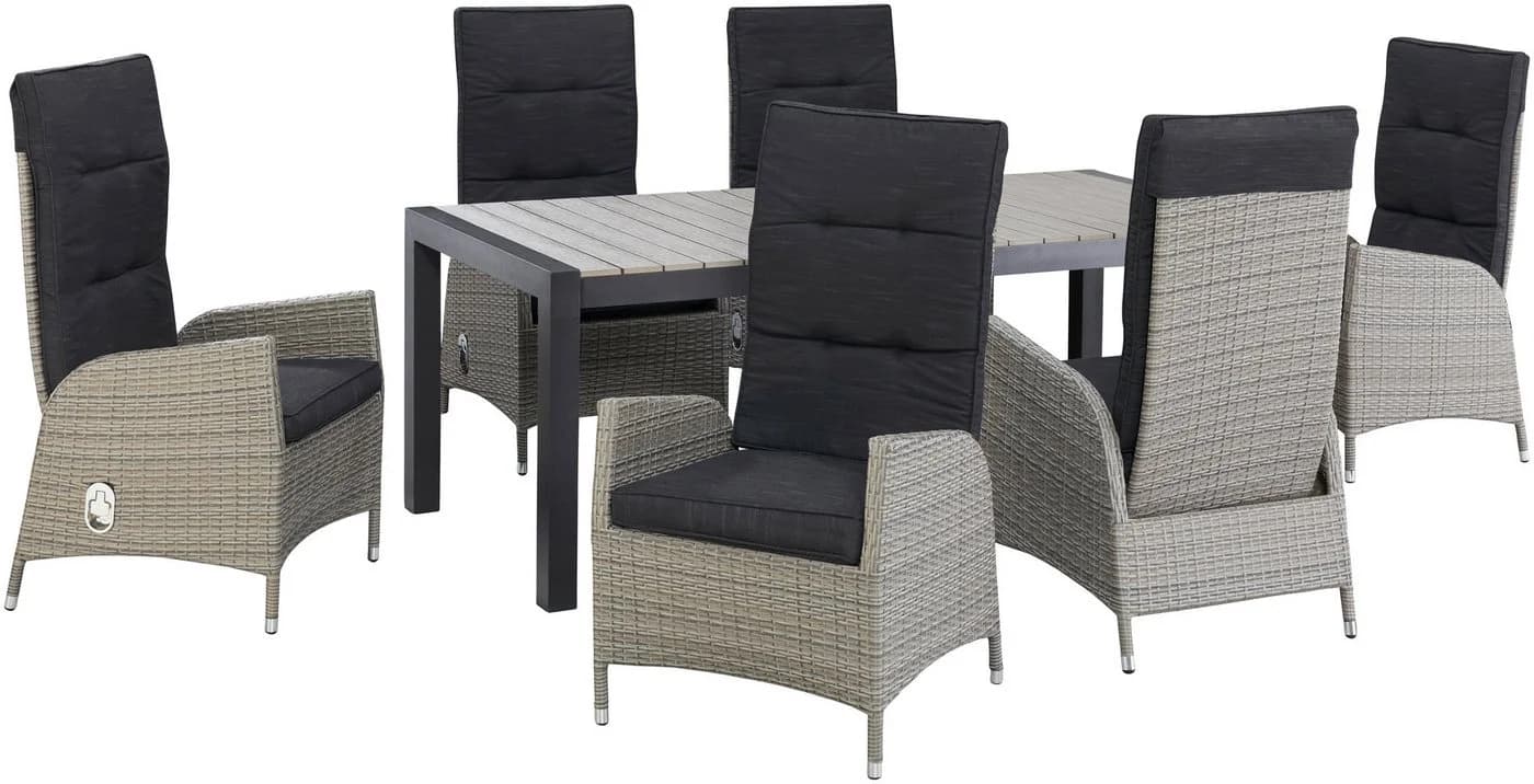 KONIFERA Garten-Essgruppe Alva 7-tlg. Schwarz/Natur Aluminium Polyrattan