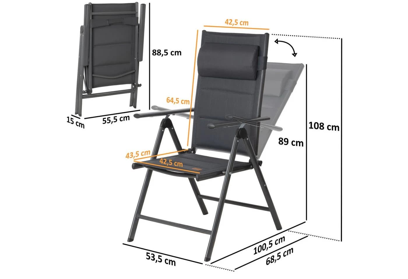 CampFeuer Klappstuhl Anthrazit 7-fach verstellbar Outdoor Gartenstuhl - Bild 3