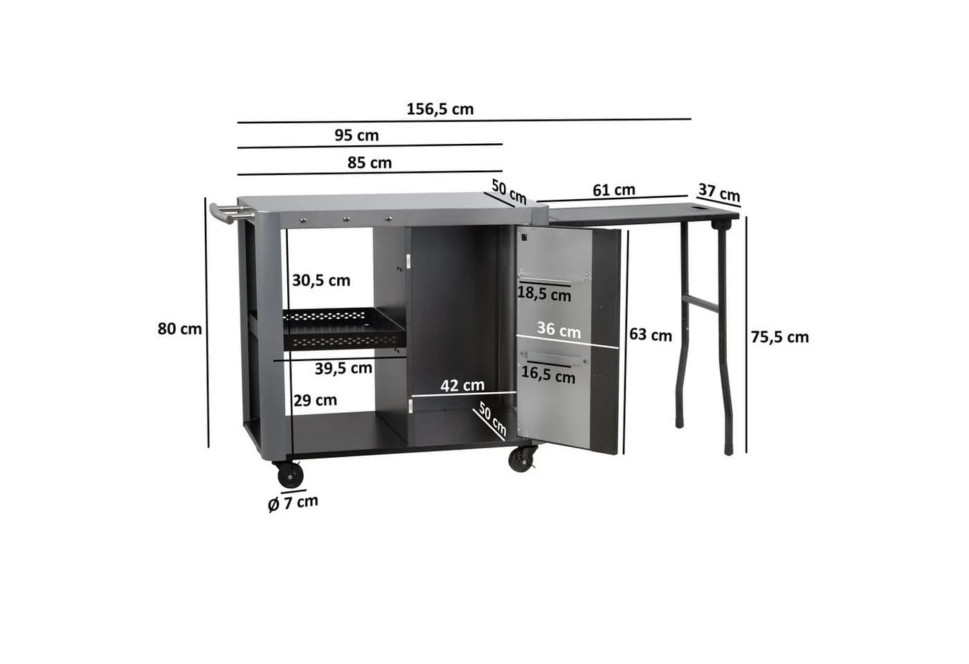 BBQ-Toro Grillwagen Silber mit Klapptisch und Stauraum - Bild 3