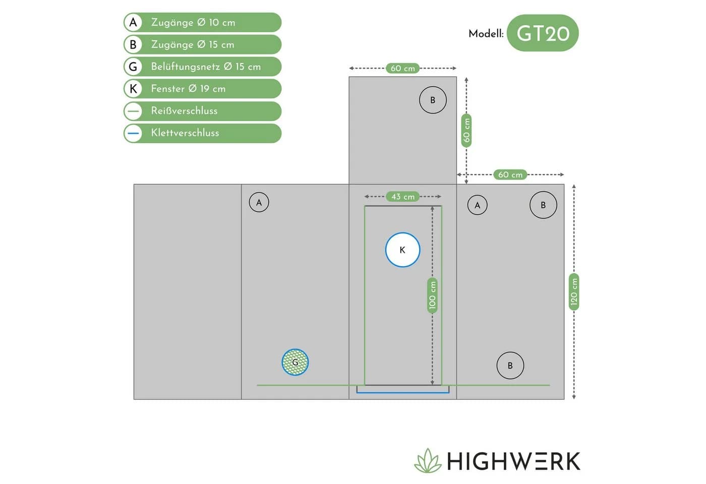 HIGHWERK Growzelt 60x60x120 Schwarz/Grün Lichtdicht