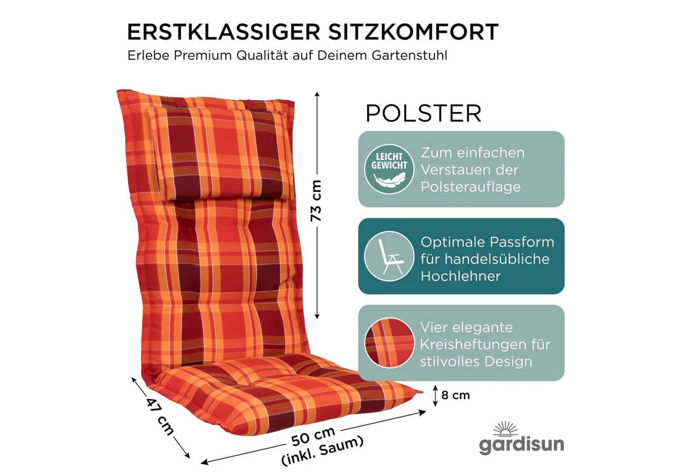 Gardisun Auflagekissen Gartenstuhl Rot UV-beständig 8cm - Bild 3