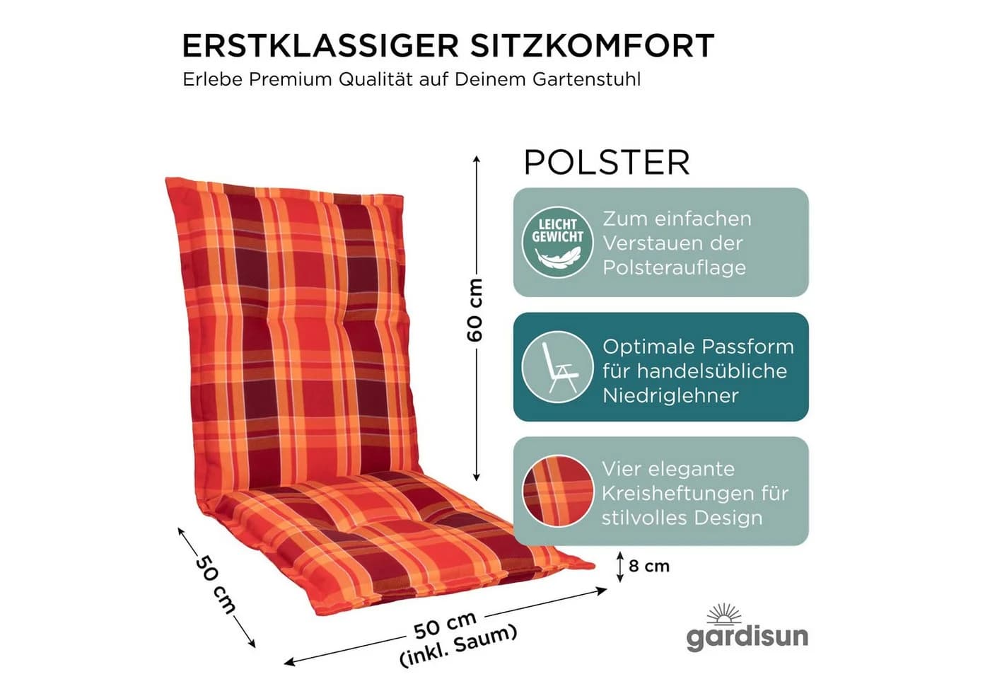 Gardisun Auflagekissen Gartenstuhl 8cm Dick UV-beständig Rot - Bild 3