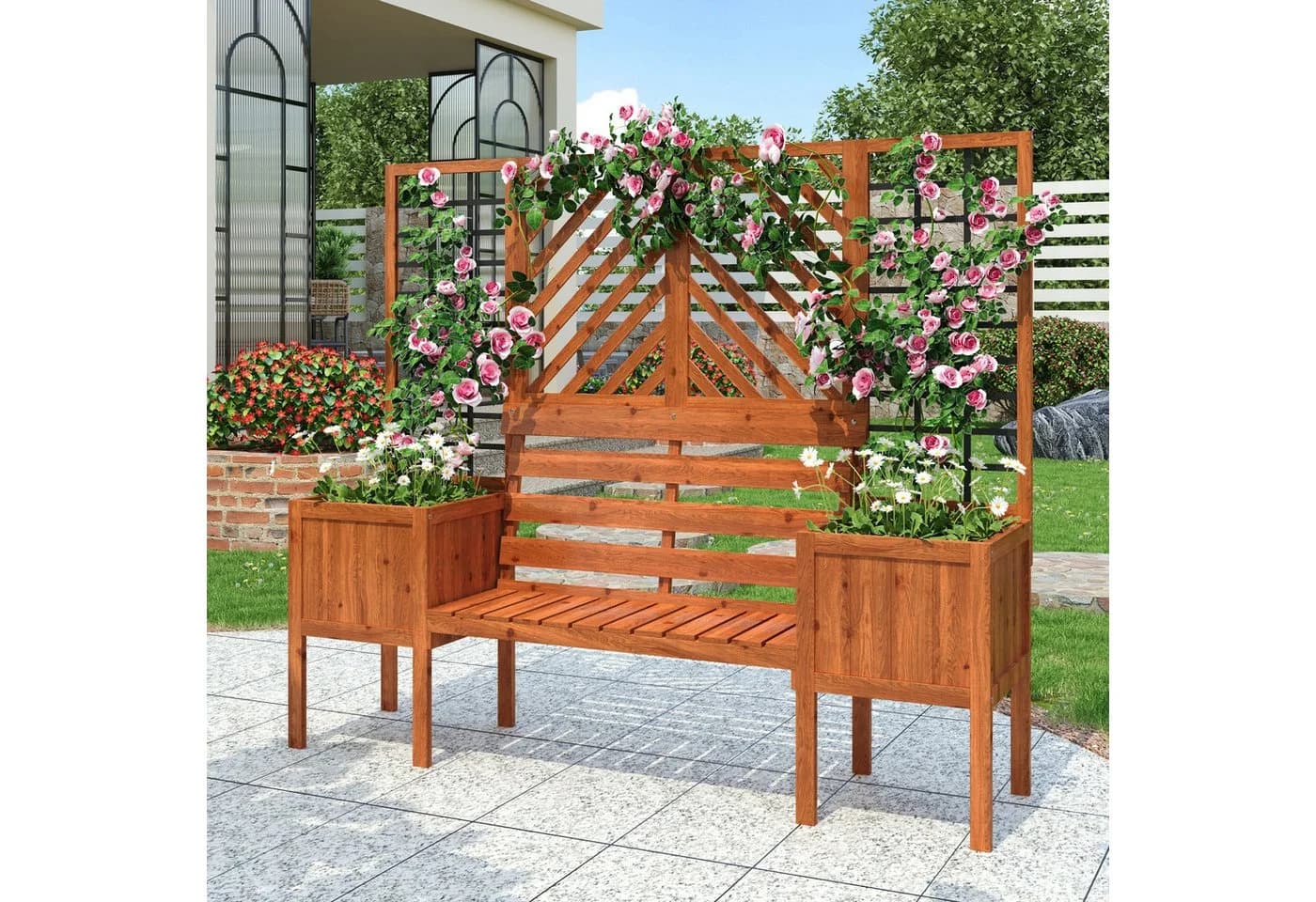 SOFTWEARY Spalier mit Blumenkasten und Sitzflächen, Massivholz Braun - Bild 3