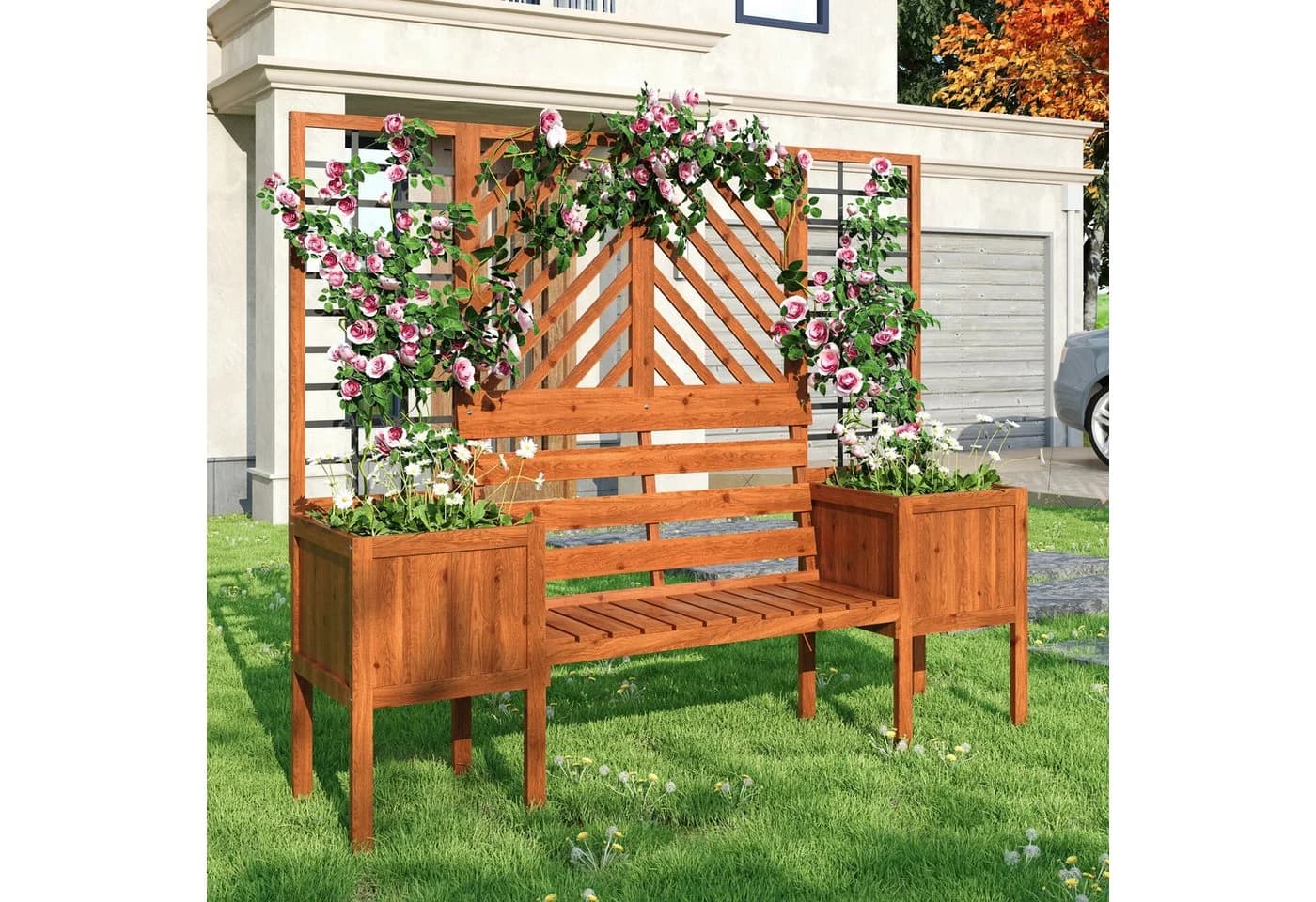 SOFTWEARY Spalier mit Blumenkasten und Sitzflächen, Massivholz Braun - Bild 4