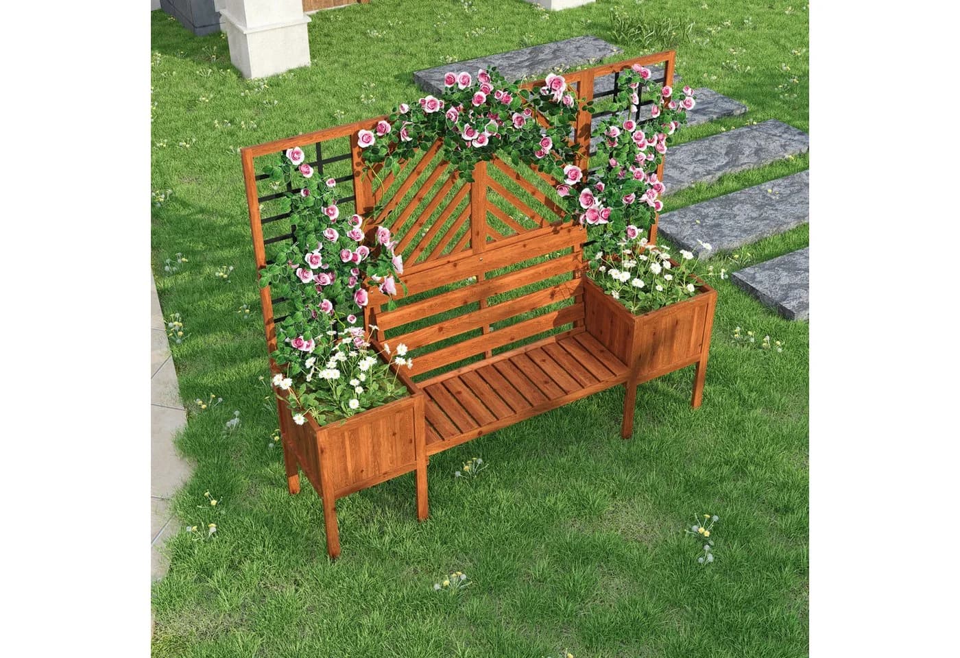 SOFTWEARY Spalier mit Blumenkasten und Sitzflächen, Massivholz Braun - Bild 5