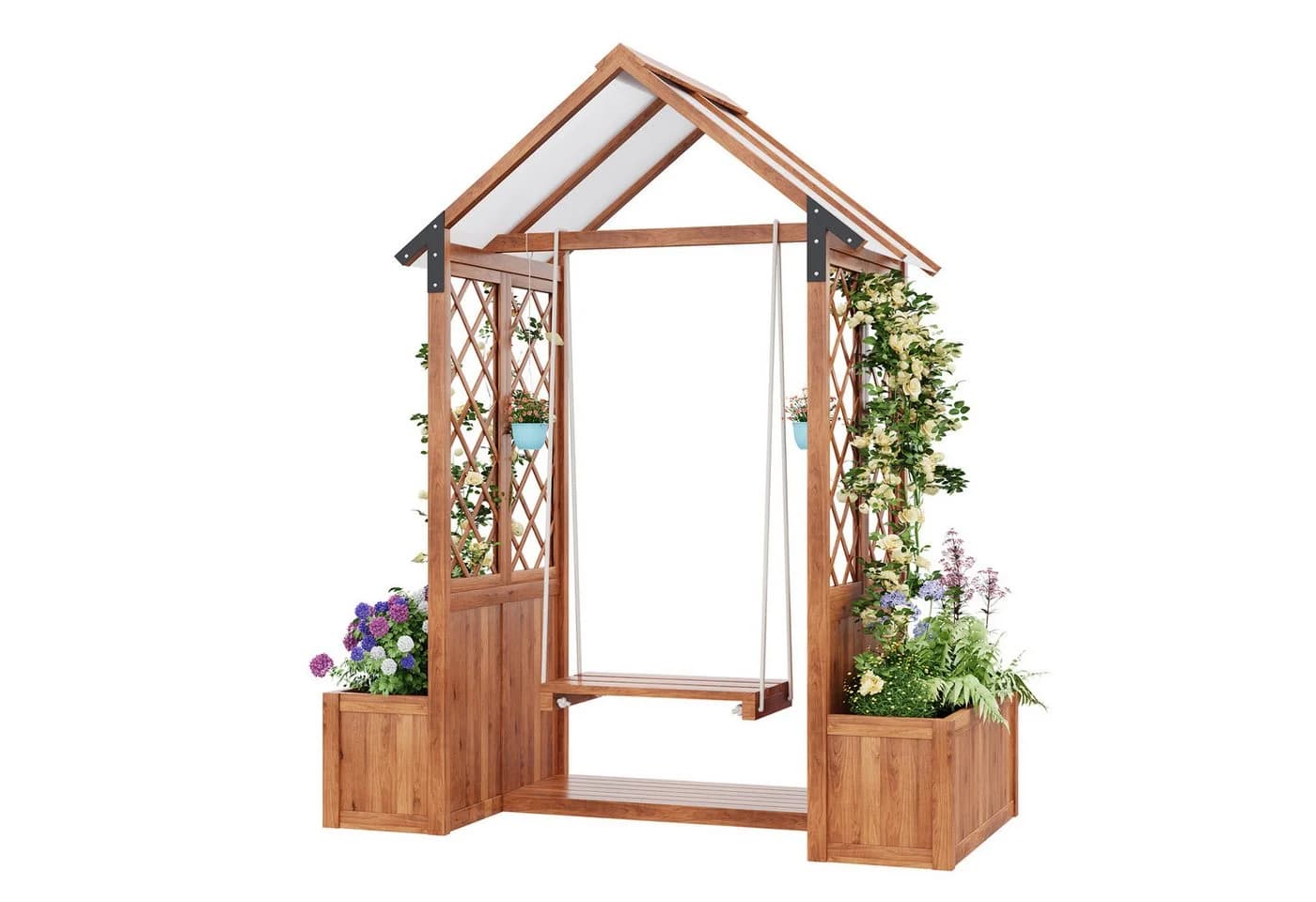 SOFTWEARY Spalier mit Blumenkasten und Schaukel, Massivholz, Braun - Bild 2