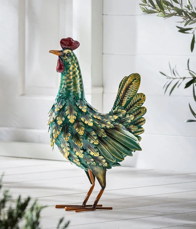 Dehner Gartenfigur Hahn/Huhn Grün/Gelb Eisen Handgefertigt