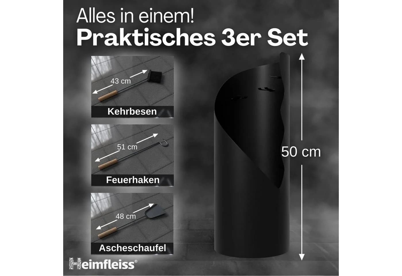 Heimfleiss® Kaminbesteck Modernes Kaminbesteck aus Stahl & Holz – 3-teilig oder 4-teilig, Elegantes Kaminzubehör mit Schaufel, Besen & Schürhaken, Stilvoll