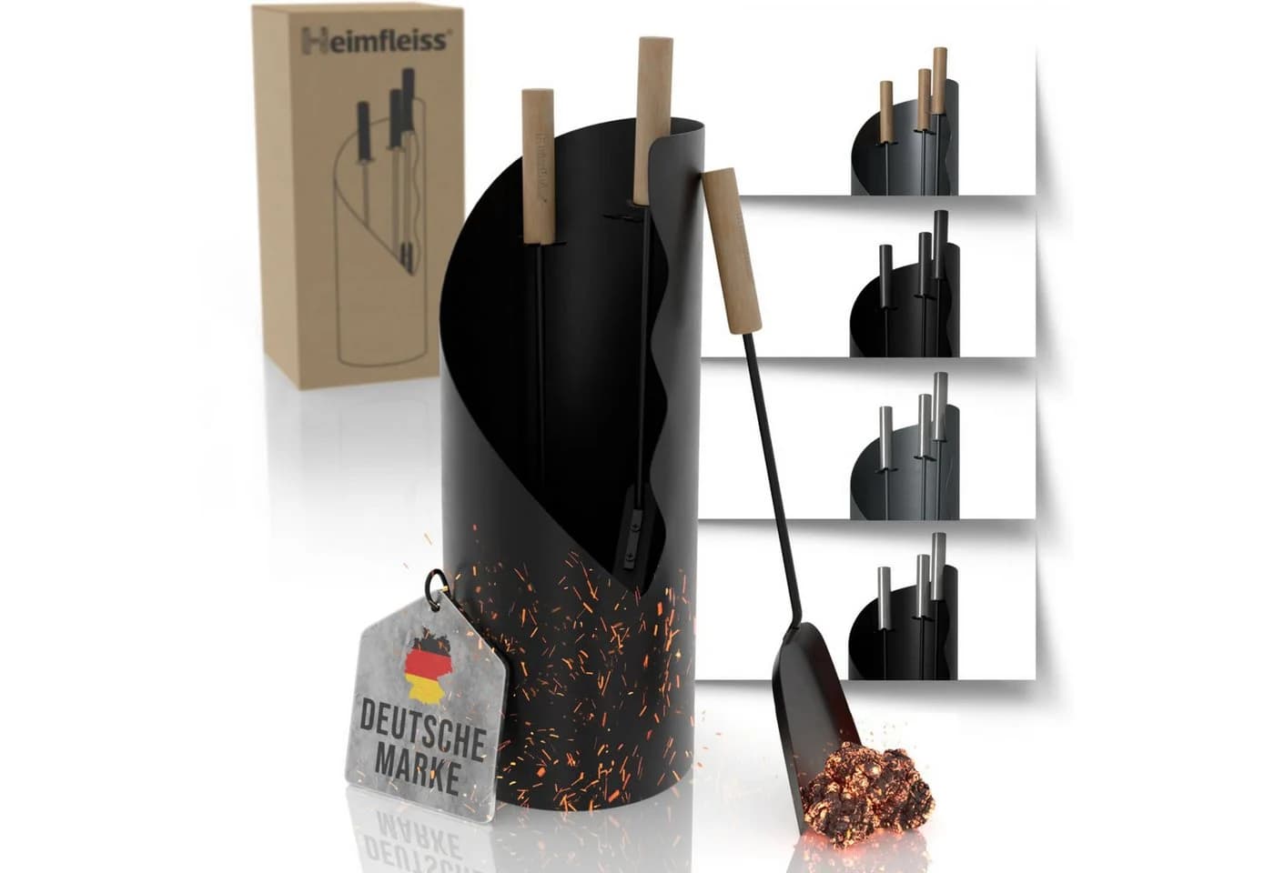 Heimfleiss® Kaminbesteck Modernes Kaminbesteck aus Stahl & Holz – 3-teilig oder 4-teilig, Elegantes Kaminzubehör mit Schaufel, Besen & Schürhaken, Stilvoll - Bild 2
