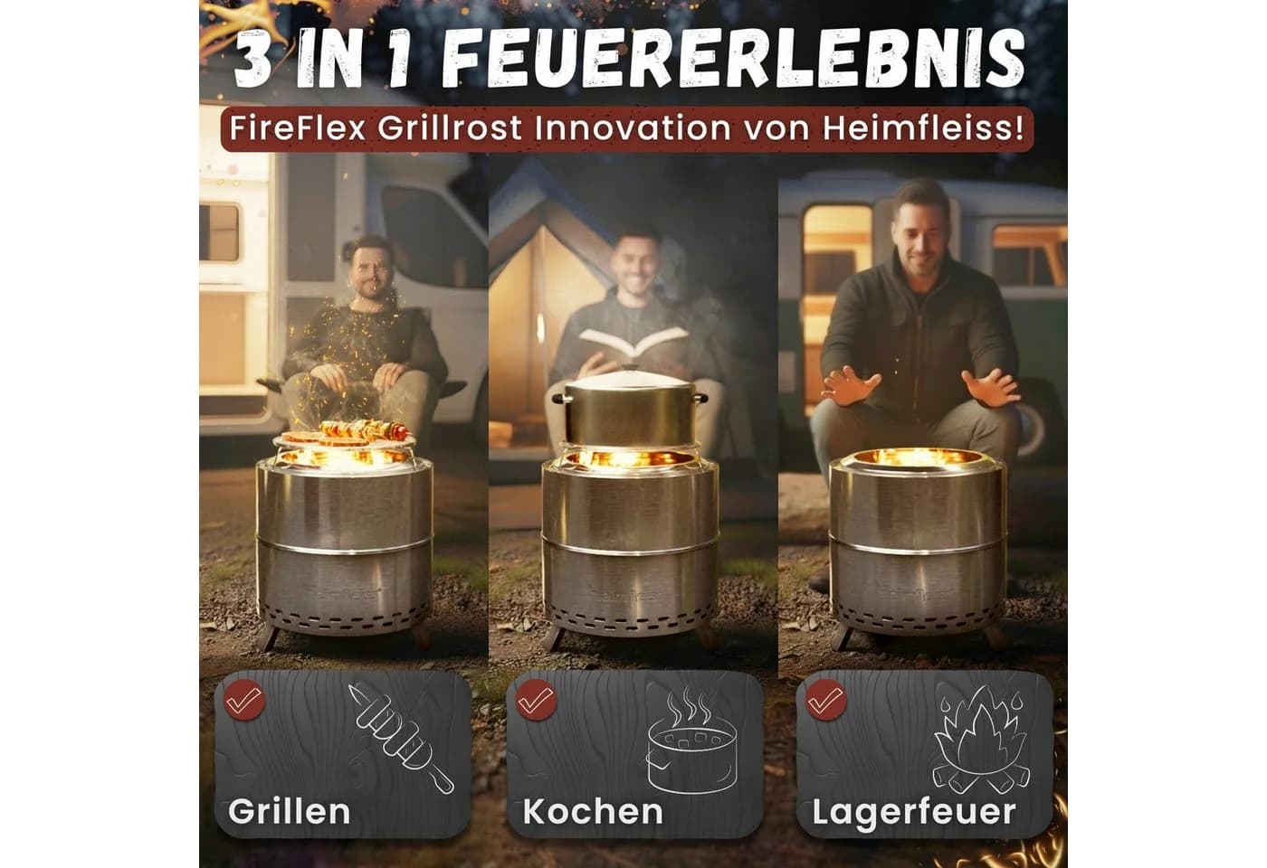Heimfleiss® Feuerschale Rauchfrei Edelstahl Silber Ø50cm mit Grillrost - Bild 4