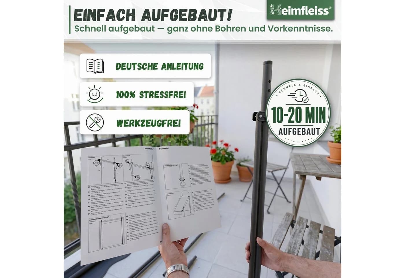 Heimfleiss Klemmmarkise Balkon ohne Bohren Sonnenschutz UPF 50+ Anthrazit - Bild 3