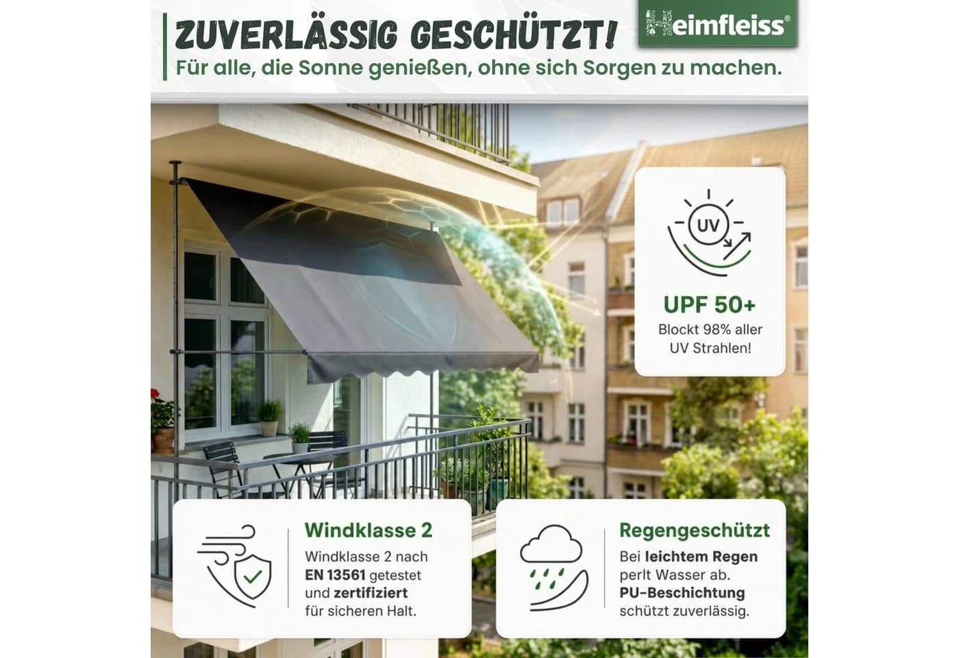 Heimfleiss Klemmmarkise Balkon ohne Bohren Sonnenschutz UPF 50+ Anthrazit - Bild 4