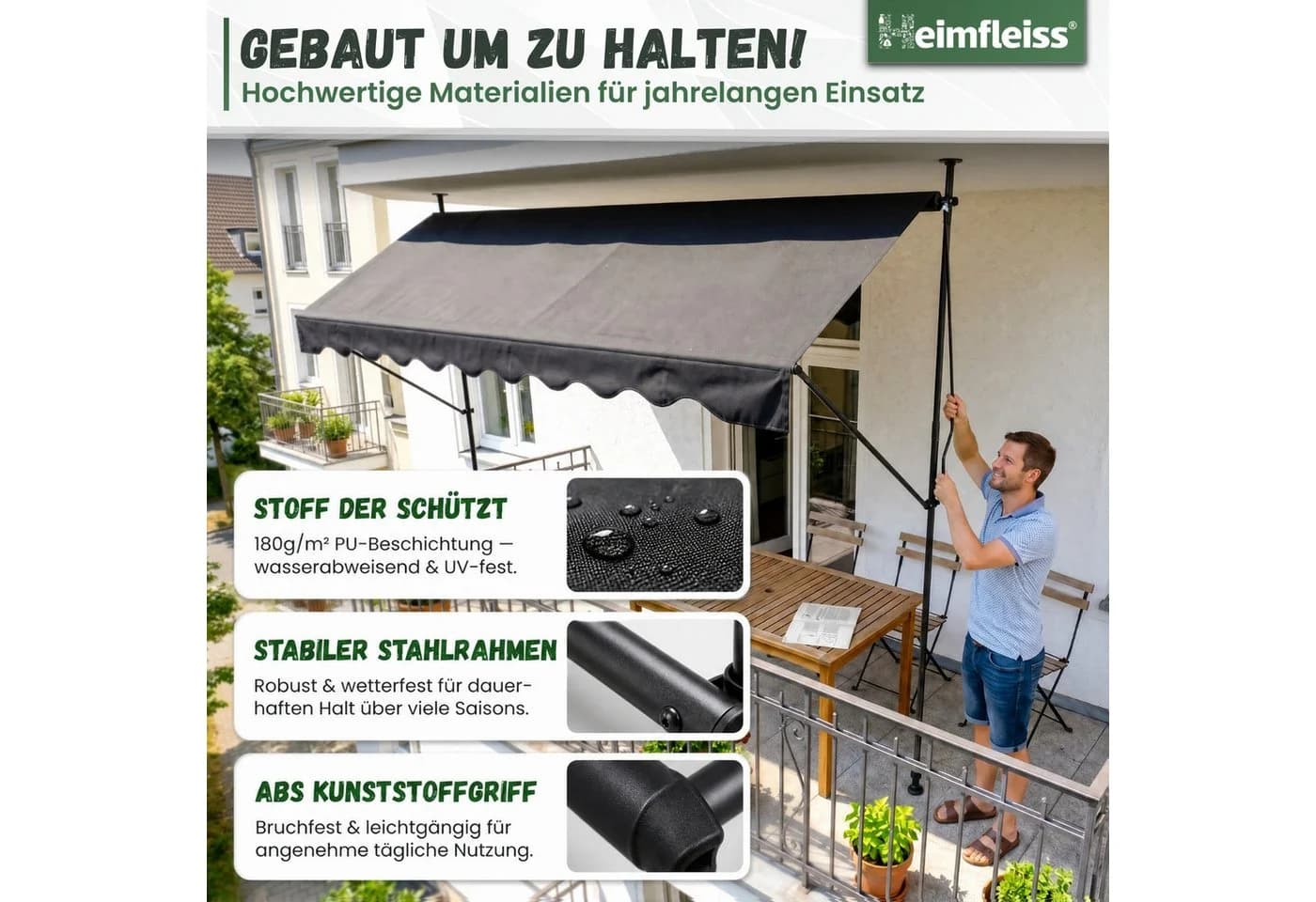 Heimfleiss Klemmmarkise Balkon ohne Bohren Sonnenschutz UPF 50+ Anthrazit - Bild 5