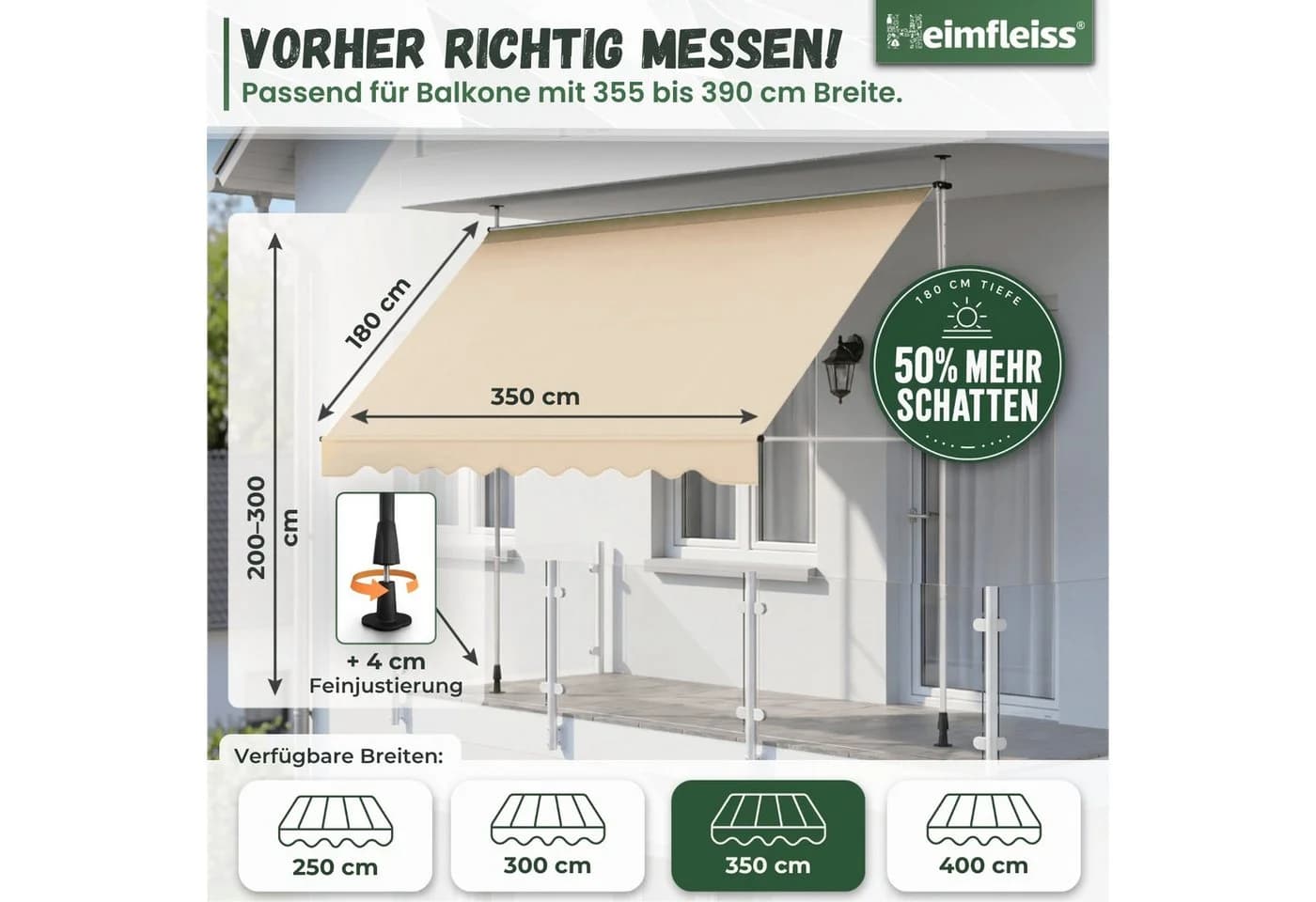 Heimfleiss Klemmmarkise Balkon ohne Bohren Sonnenschutz UPF 50+ Beige