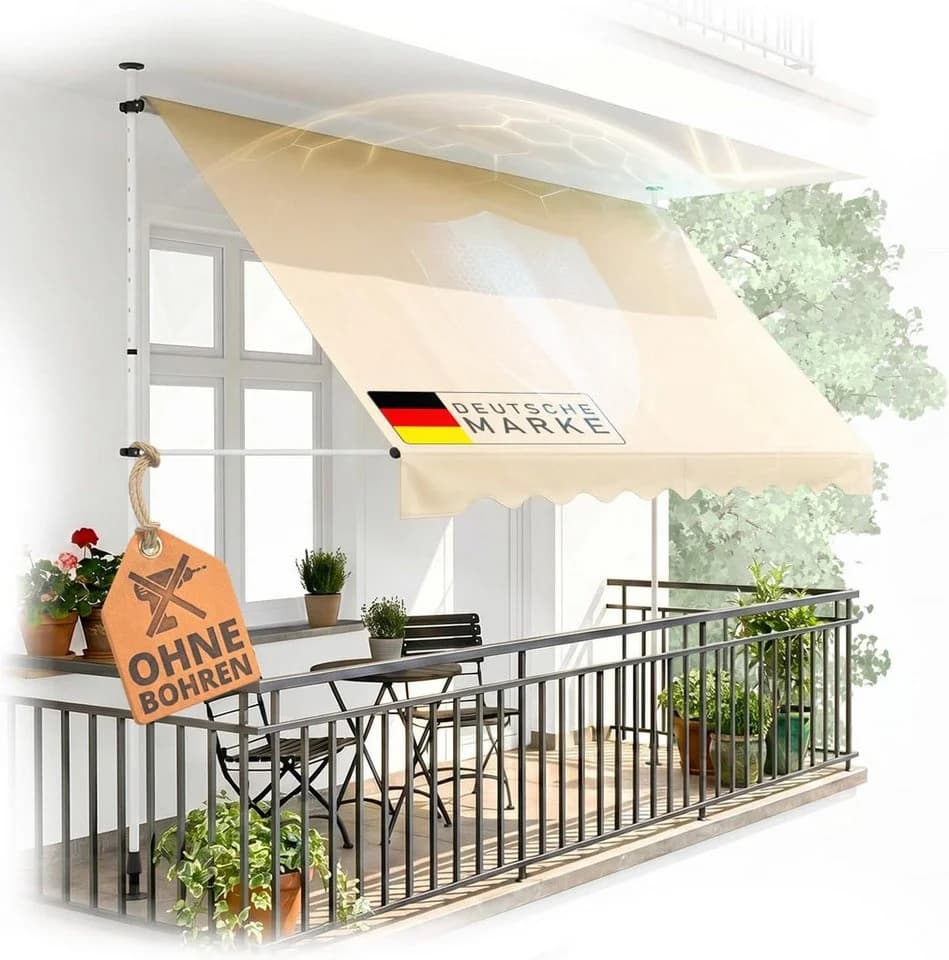 Heimfleiss Klemmmarkise Balkon ohne Bohren Sonnenschutz UPF 50+ Beige - Bild 2