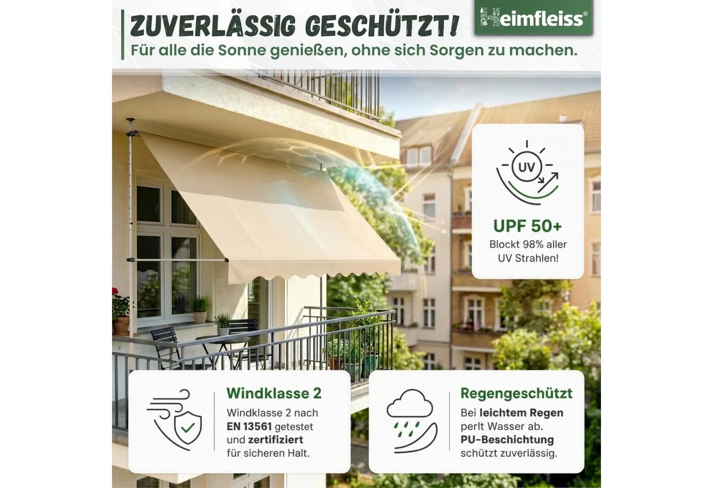 Heimfleiss Klemmmarkise Balkon ohne Bohren Sonnenschutz UPF 50+ Beige - Bild 4