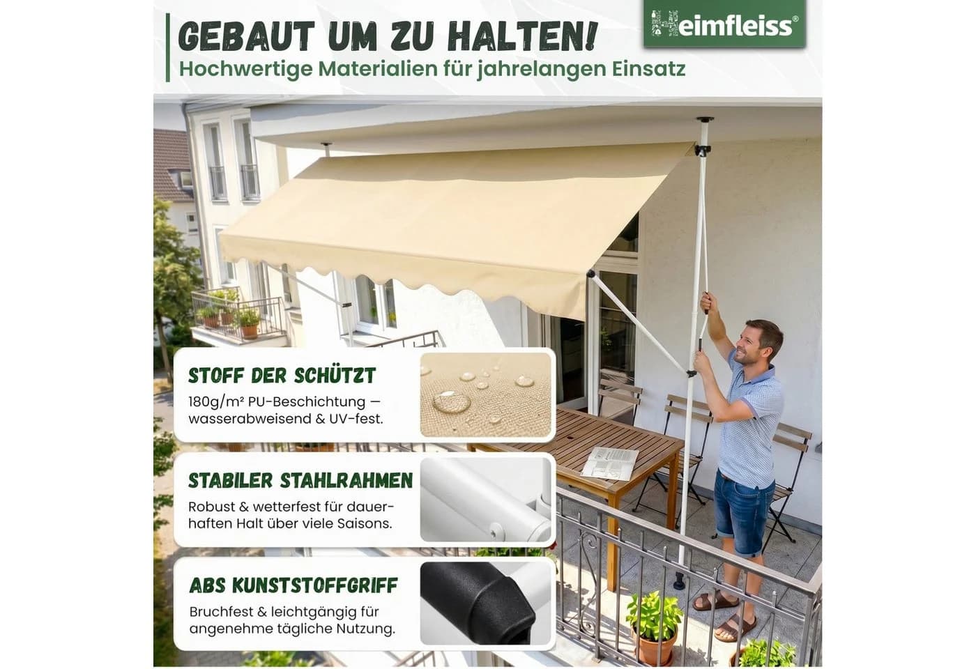 Heimfleiss Klemmmarkise Balkon ohne Bohren Sonnenschutz UPF 50+ Beige - Bild 5