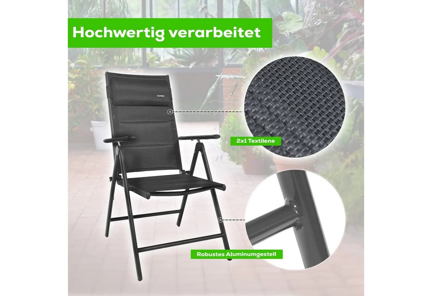 GARMIO Klappstuhl Gartenstuhl FLORENZ Schwarz Aluminium 7-fach verstellbar - Bild 4