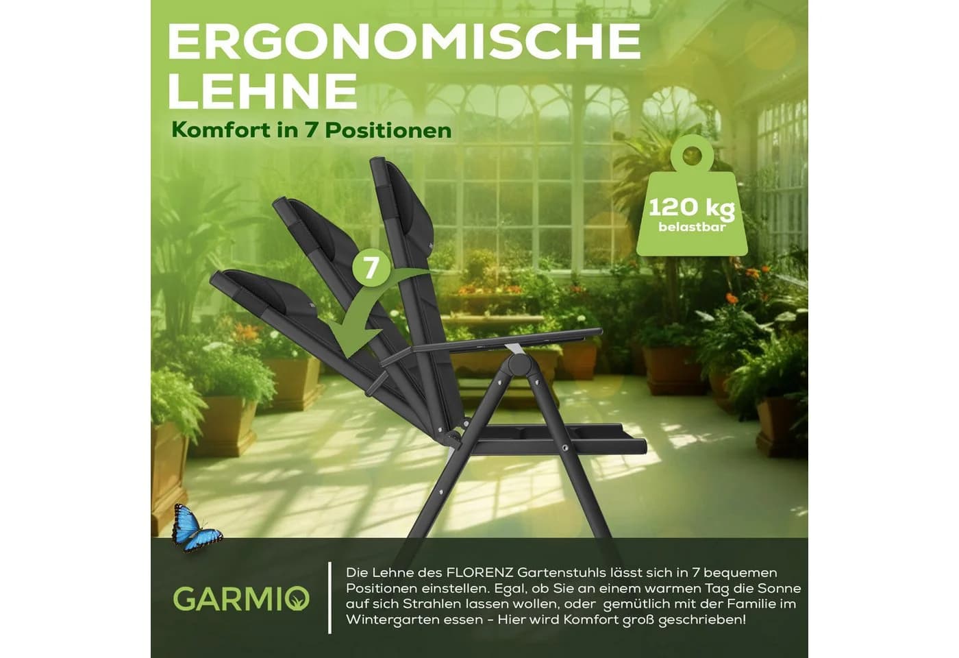GARMIO Klappstuhl Gartenstuhl FLORENZ Schwarz Aluminium 7-fach verstellbar - Bild 5