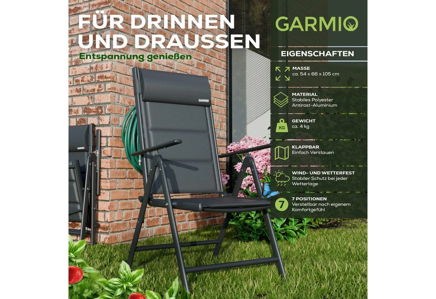GARMIO Klappstuhl Gartenstuhl FLORENZ Aluminium Schwarz - Bild 4