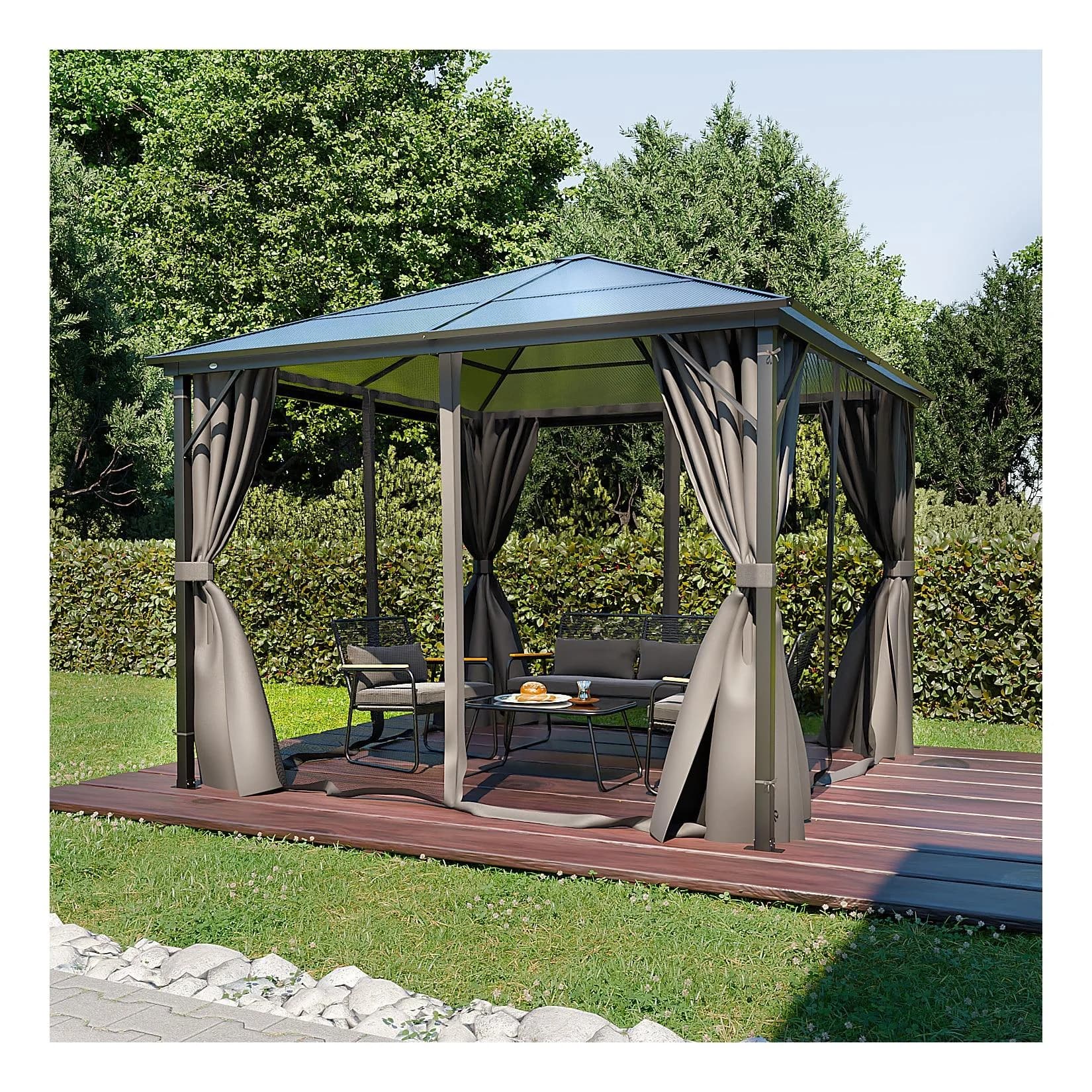 GARMIO® Pavillon 3x3m Garten Überdachung mit Polycarbonat-Dach & Moskitonetz