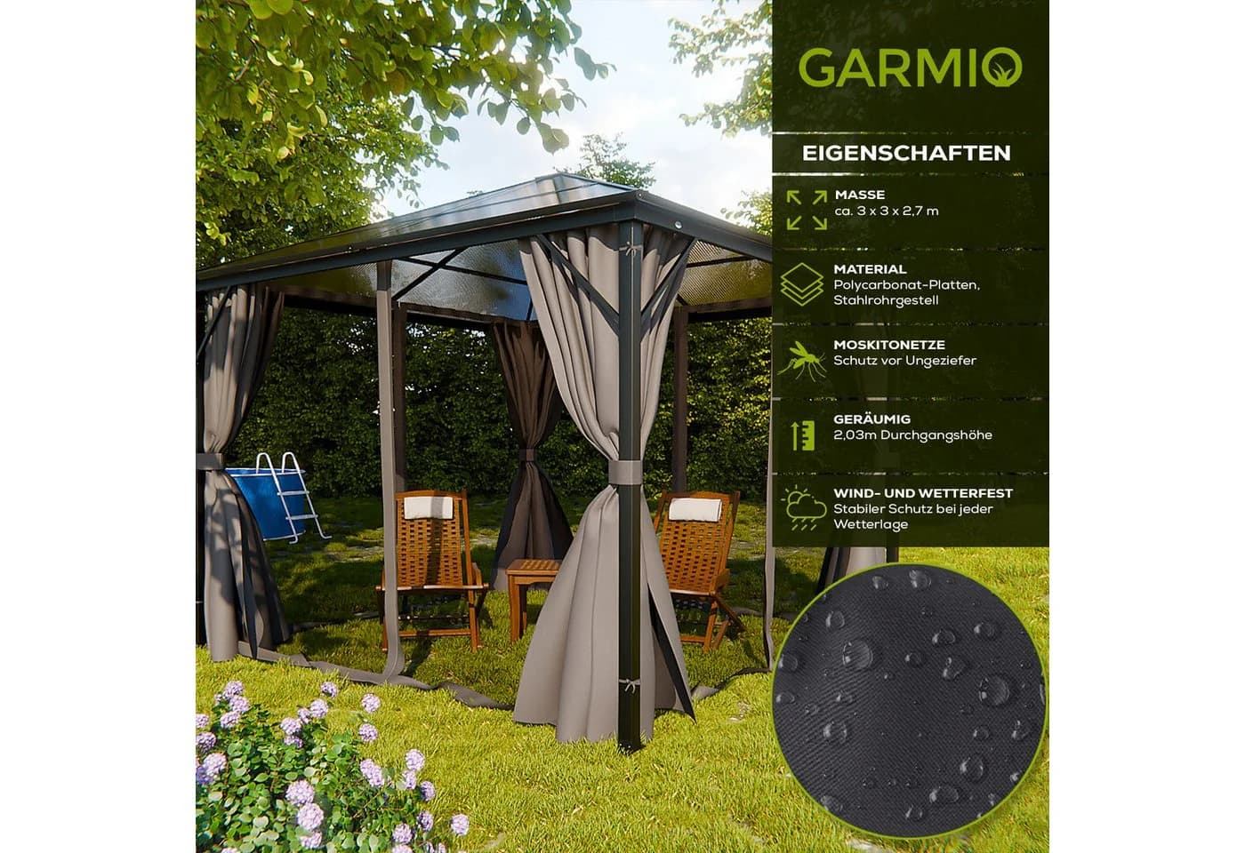 GARMIO® Pavillon 3x3m Garten Überdachung mit Polycarbonat-Dach & Moskitonetz - Bild 4