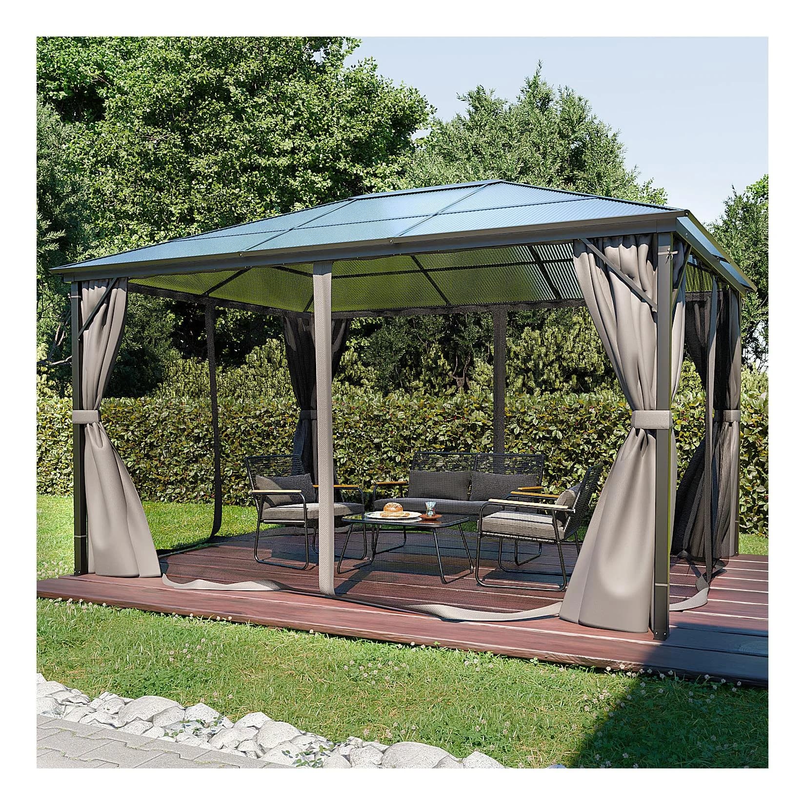 GARMIO® Pavillon 3x4m Garten Überdachung mit Polycarbonat-Dach & Moskitonetz