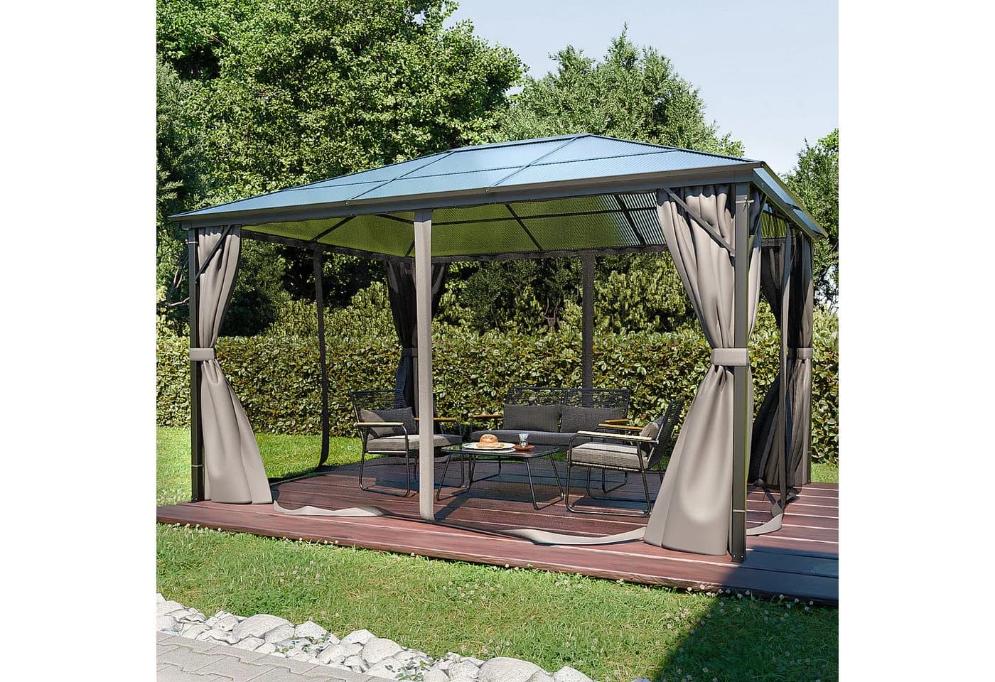 GARMIO® Pavillon 3x4m Garten Überdachung mit Polycarbonat-Dach & Moskitonetz - Bild 2