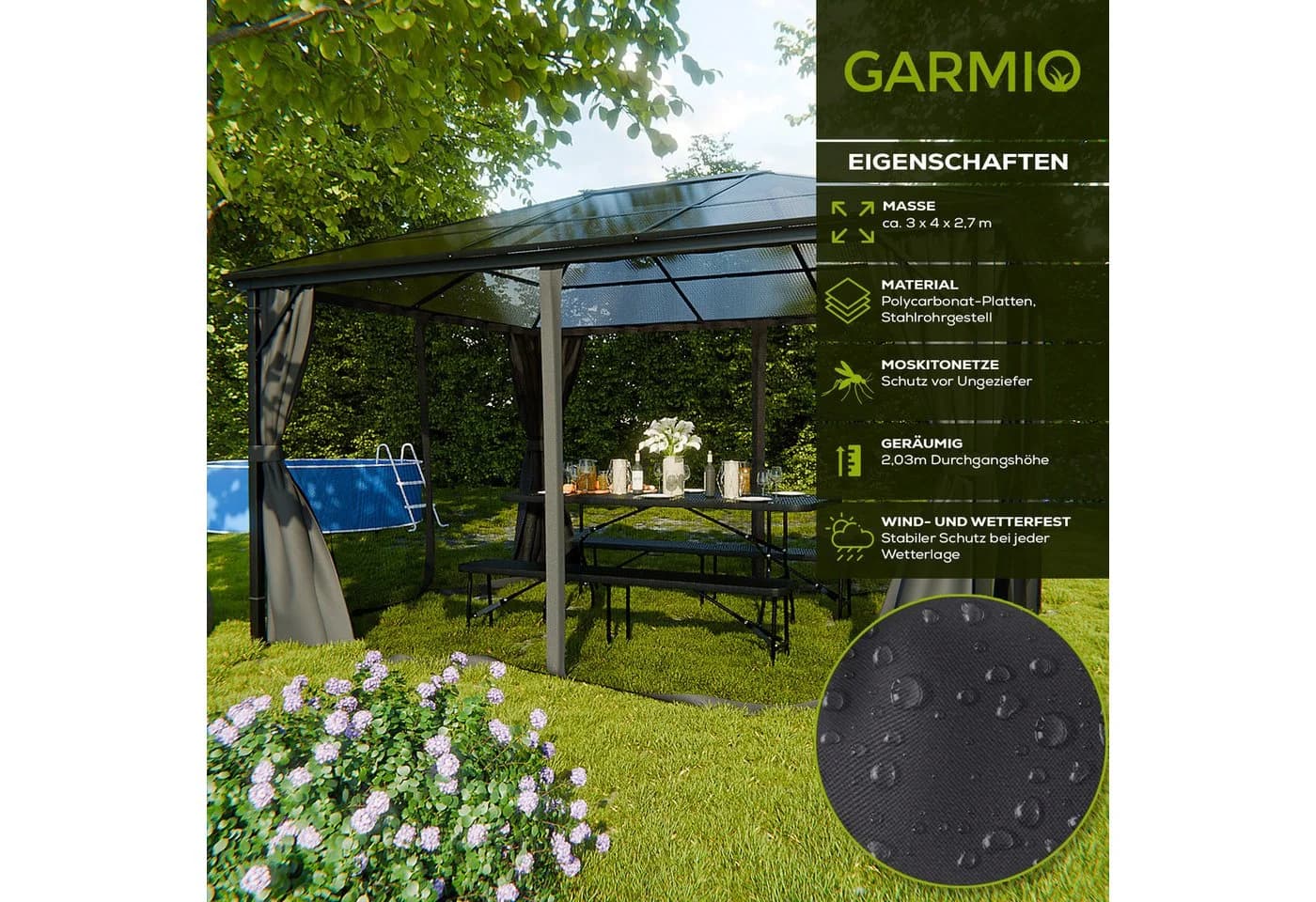 GARMIO® Pavillon 3x4m Garten Überdachung mit Polycarbonat-Dach & Moskitonetz - Bild 4