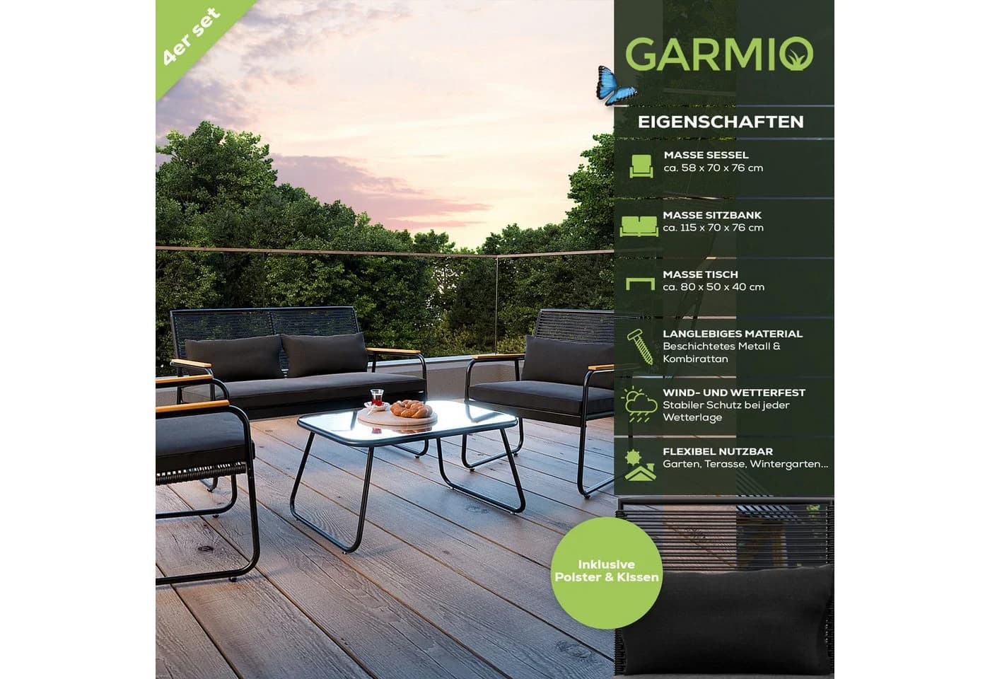 GARMIO Gartenlounge-Set 4-teilig mit Kissen Polyrattan Glastisch - Bild 4