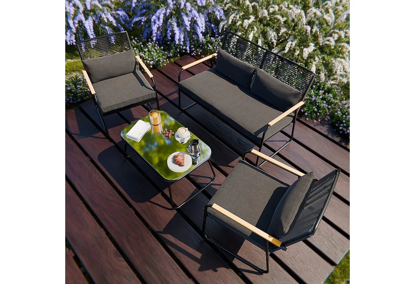GARMIO Gartenlounge-Set 4-teilig mit Kissen Polyrattan Glastisch - Bild 5