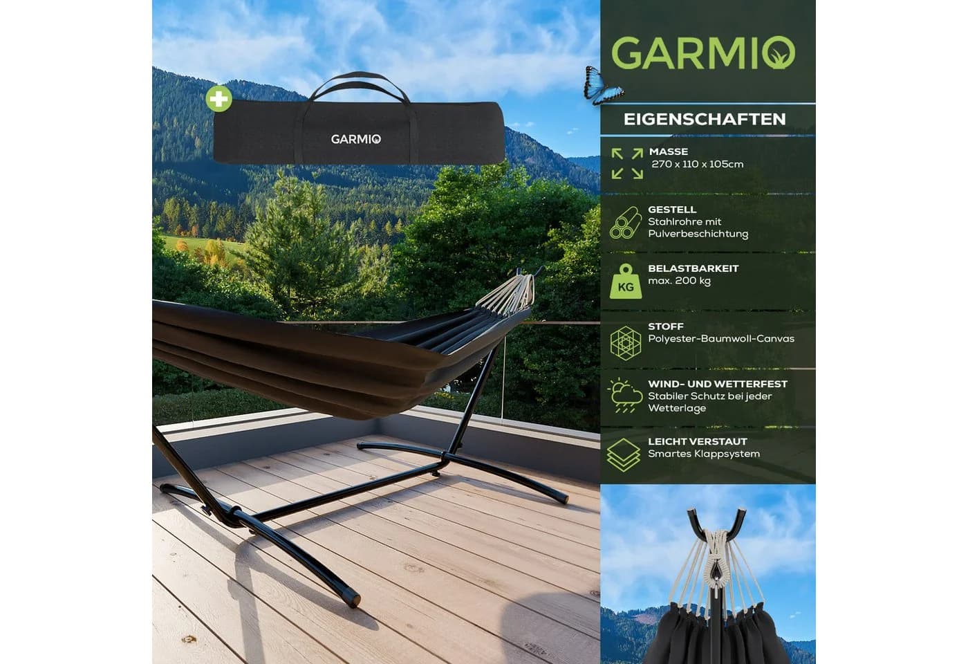 GARMIO Hängematte mit Gestell Anthrazit 200kg Tragkraft - Bild 4