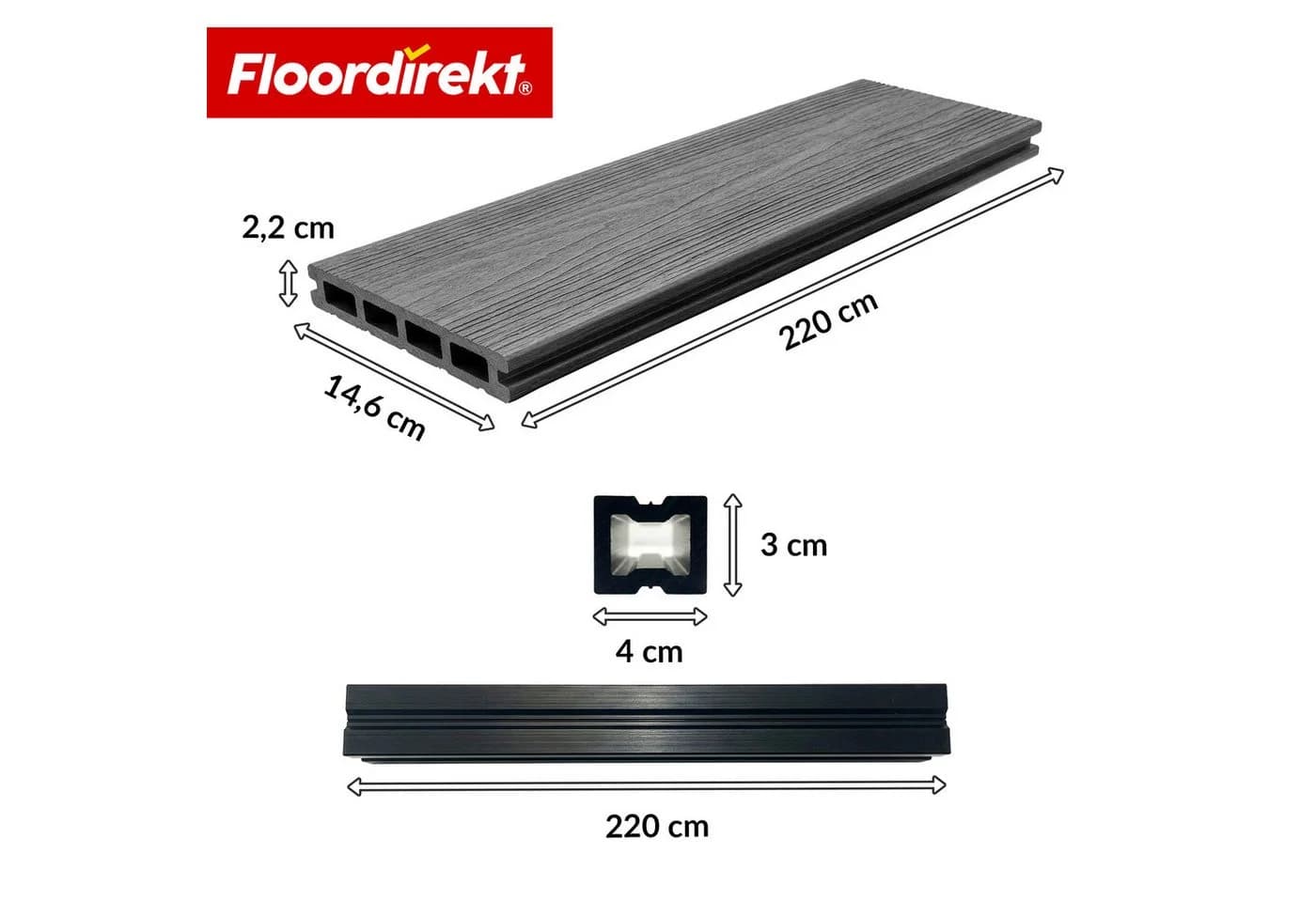 Floordirekt Terrassendielen WPC Komplettset Crown 220cm Holzoptik Schwarz