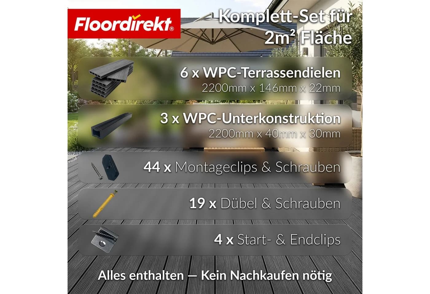 Floordirekt Terrassendielen WPC Komplettset Crown 220cm Holzoptik Schwarz - Bild 3