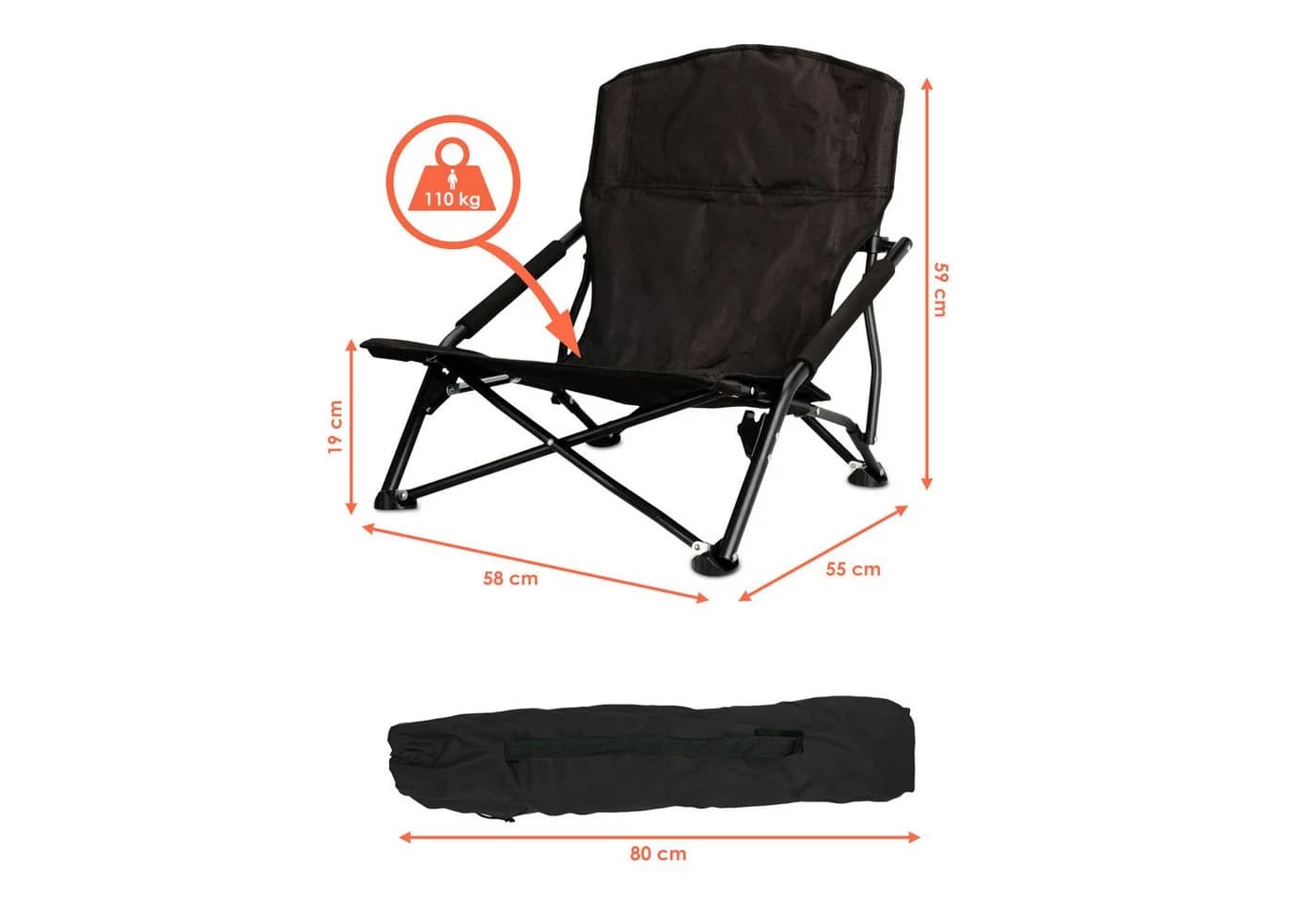 Spetebo Campingstuhl Strandstuhl Schwarz Klappbar mit Tragetasche