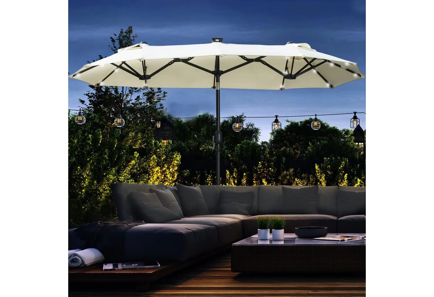 OKWISH Doppelsonnenschirm Oval Beige mit LED & Neigungsfunktion - Bild 2