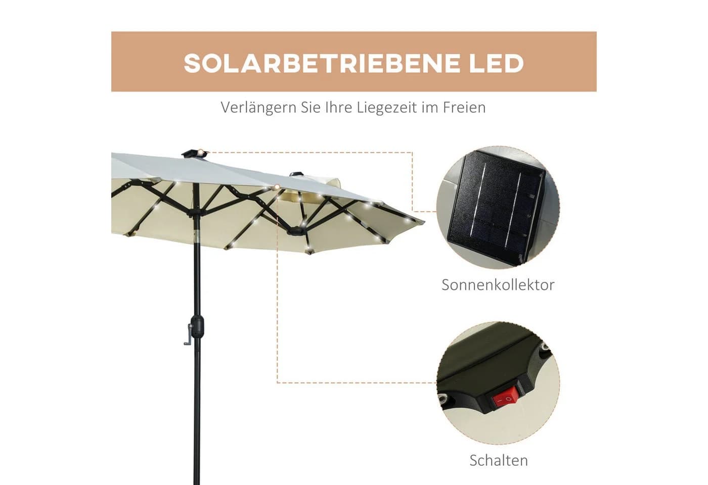 OKWISH Doppelsonnenschirm Oval Beige mit LED & Neigungsfunktion - Bild 3