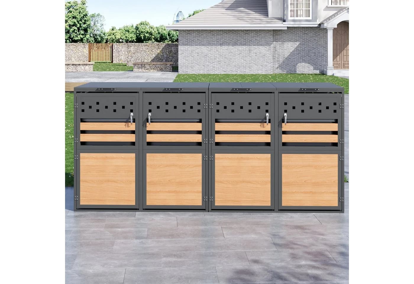 OKWISH Mülltonnenbox 4 Fächer Grau Klappdeckel Stahl - Bild 2