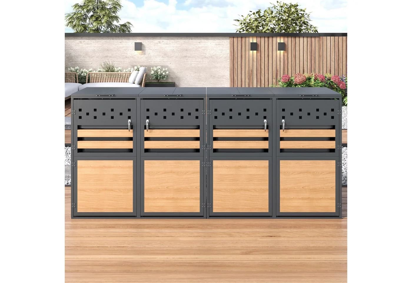 OKWISH Mülltonnenbox 4 Fächer Grau Klappdeckel Stahl - Bild 3