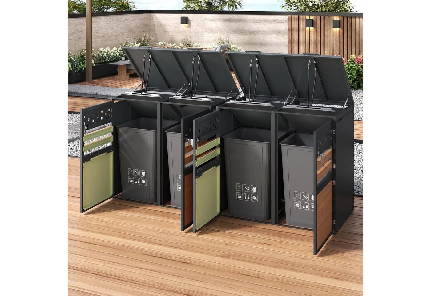 OKWISH Mülltonnenbox 4 Fächer Grau Klappdeckel Stahl - Bild 4