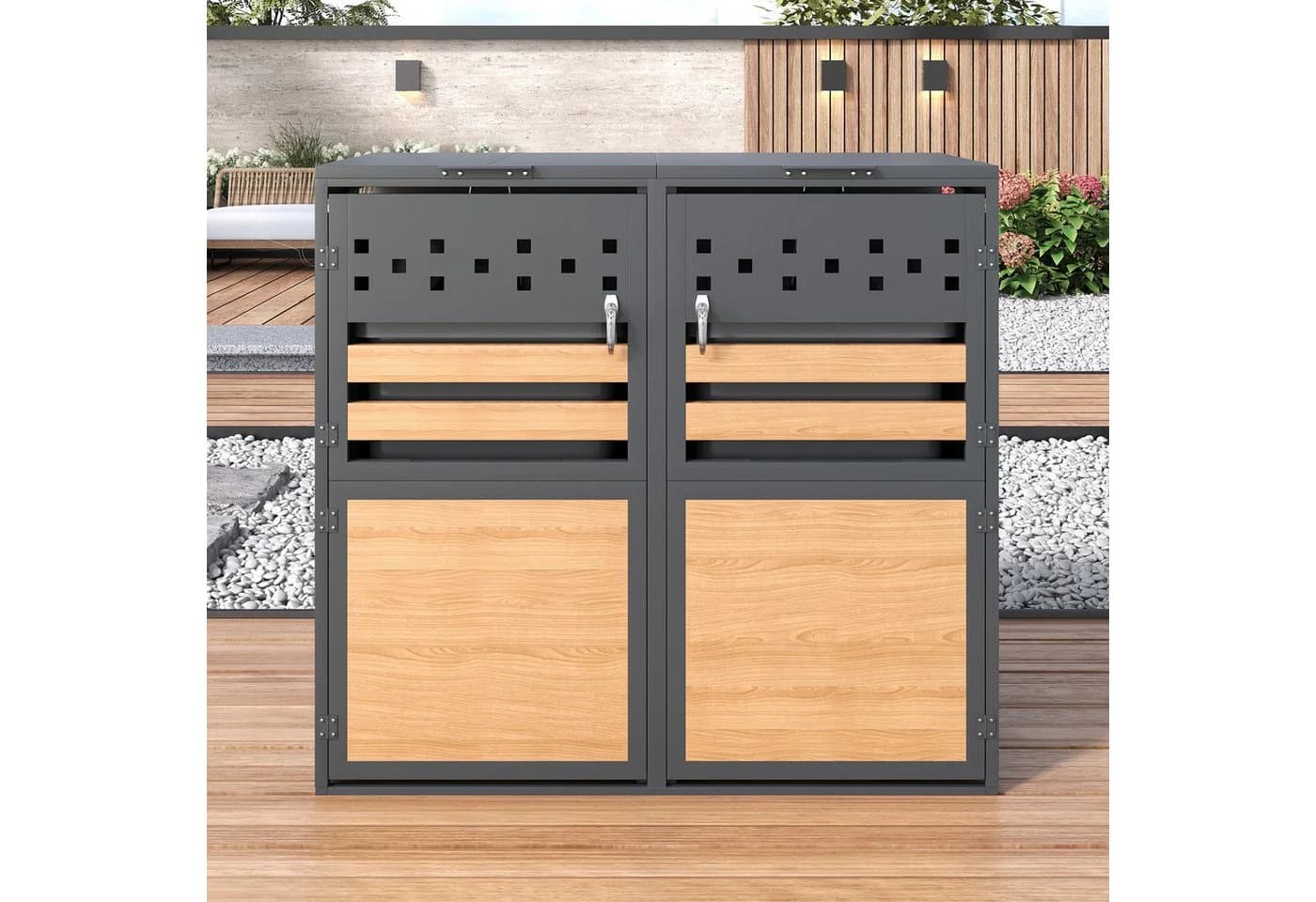 OKWISH Mülltonnenbox Grau mit Klappdeckel & Holzoptik - Bild 3