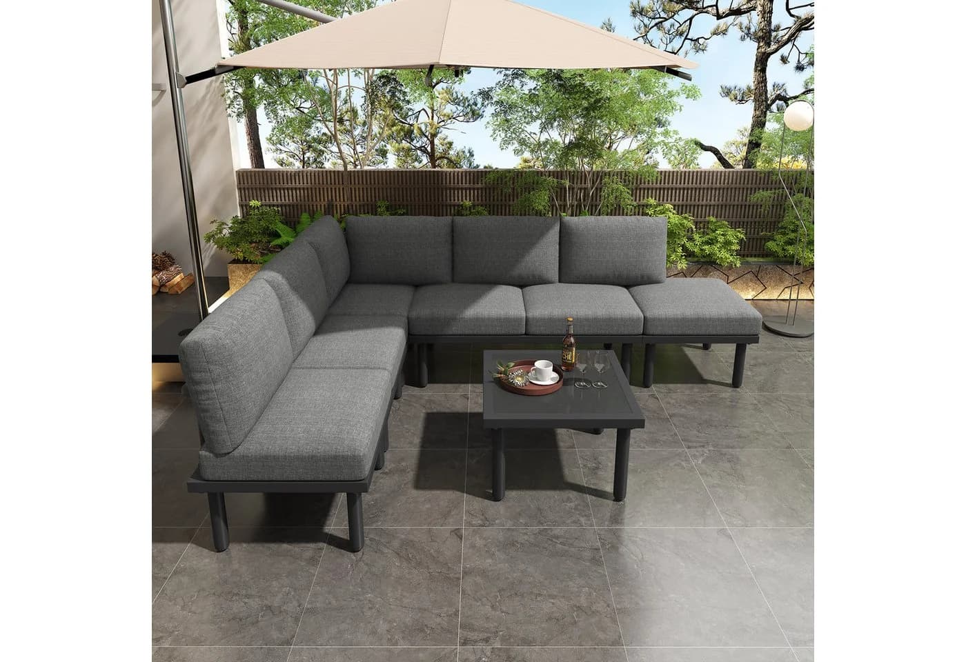 STILVORA Gartenlounge-Set 6-tlg. Grau mit Glas-Tisch
