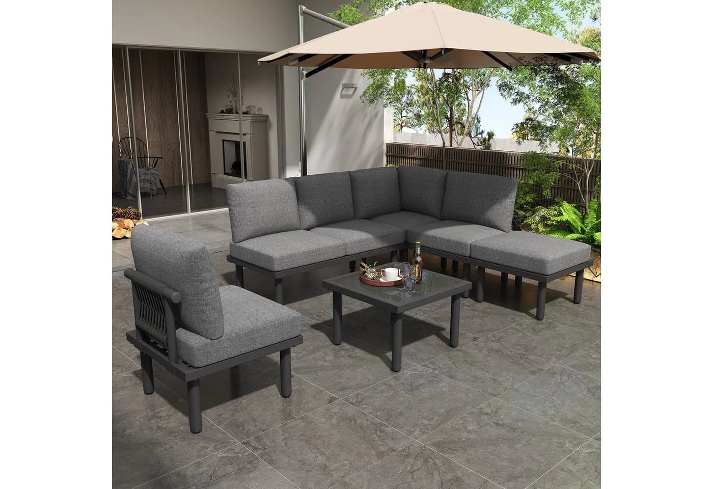 STILVORA Gartenlounge-Set 6-tlg. Grau mit Glas-Tisch - Bild 2