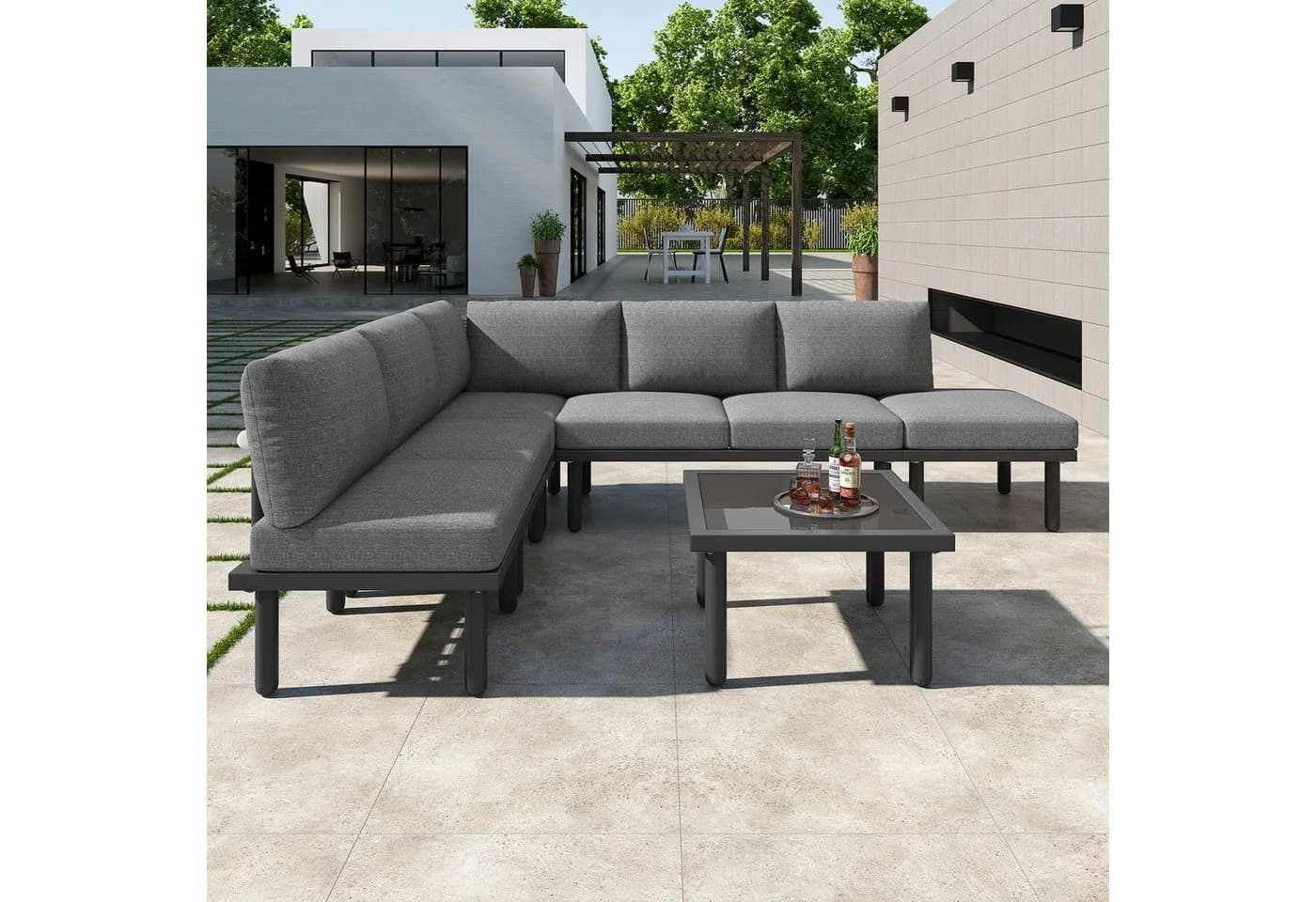 STILVORA Gartenlounge-Set 6-tlg. Grau mit Glas-Tisch - Bild 3