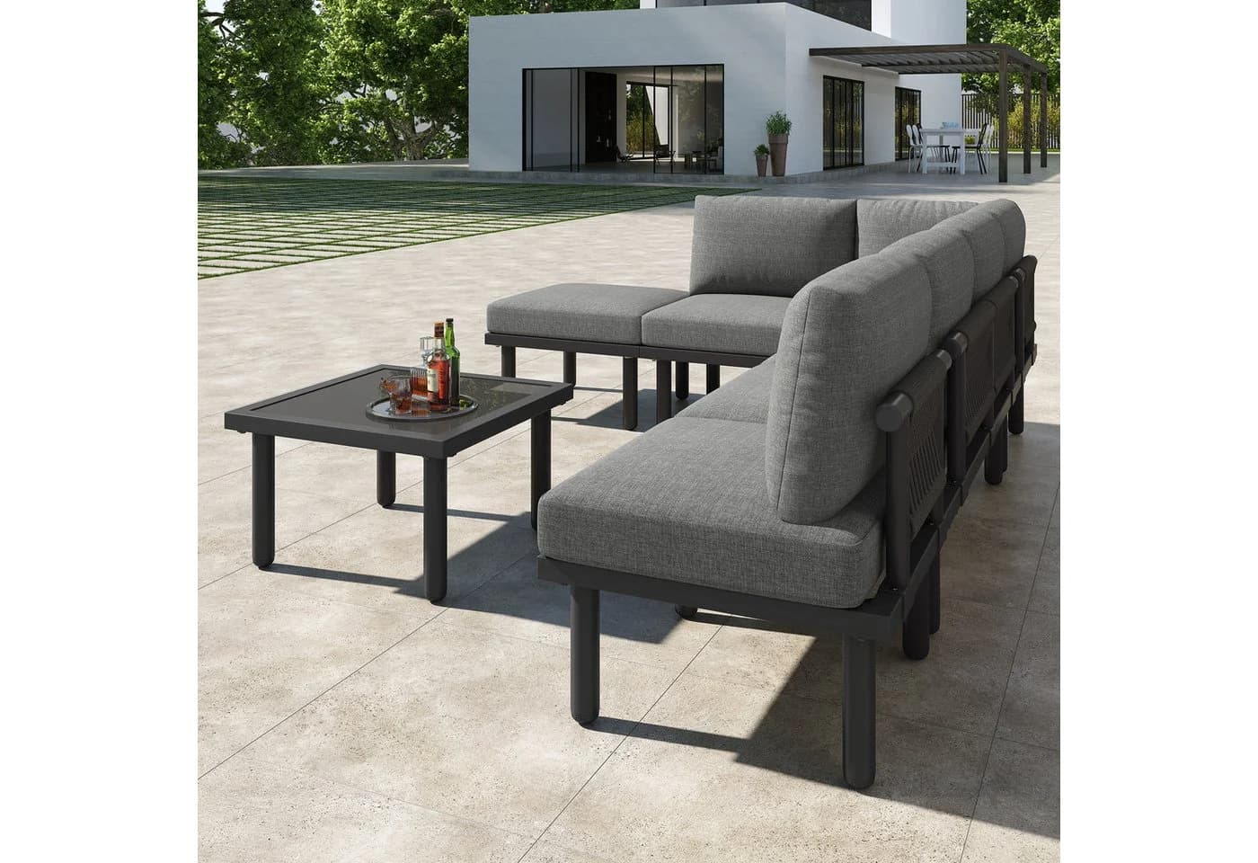 STILVORA Gartenlounge-Set 6-tlg. Grau mit Glas-Tisch - Bild 4