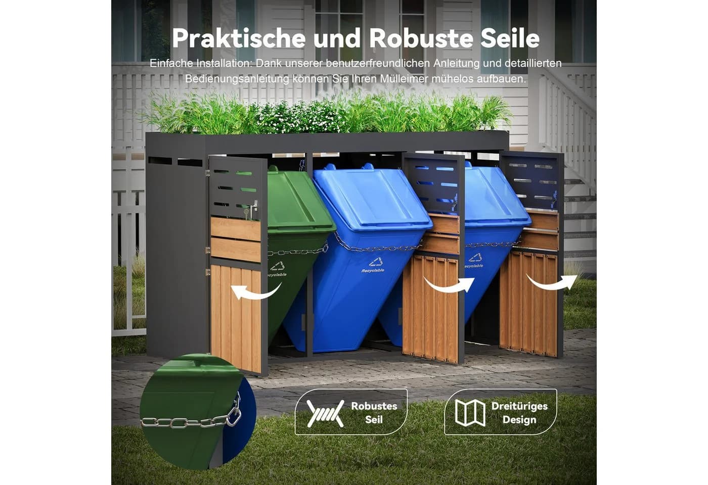 STILVORA Mülltonnenbox Grau Metall Außenschrank mit Pflanzkasten - Bild 5