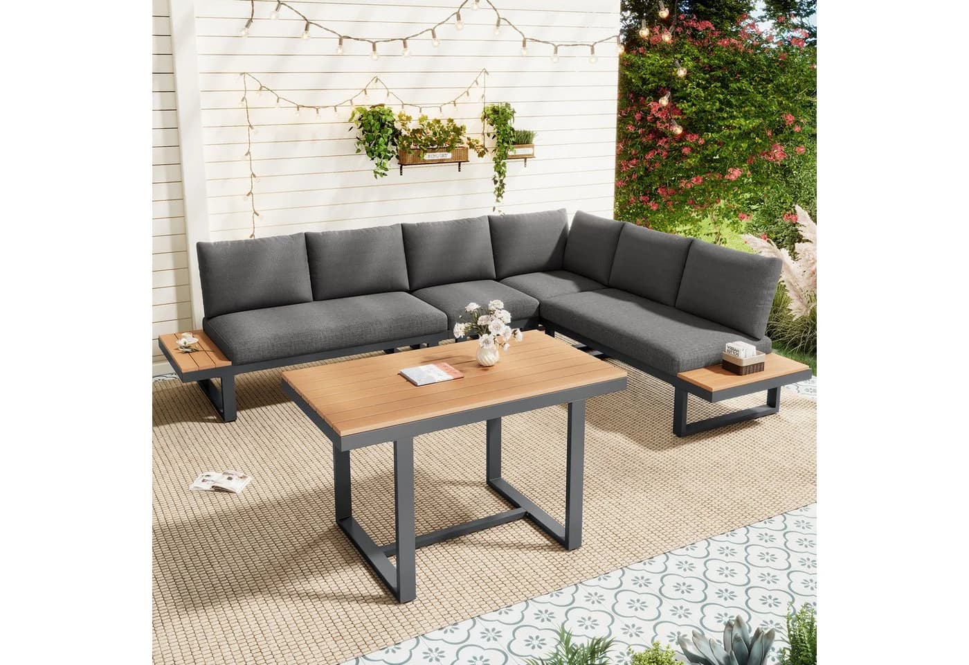 REDOM Gartenlounge-Set 5-fach verstellbare Rückenlehne Schwarz/Grau