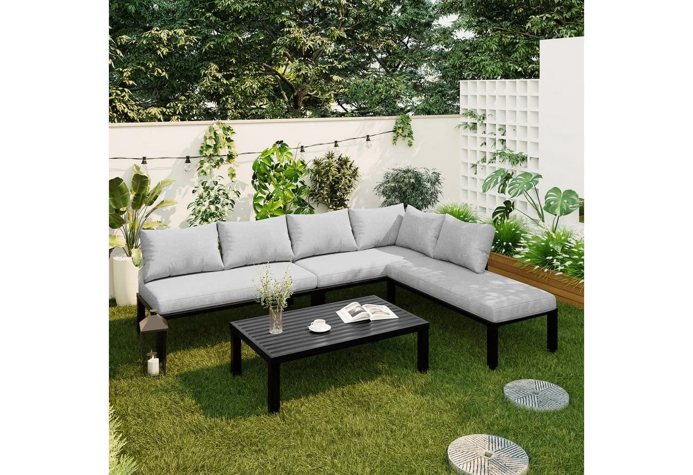 REDOM Gartenlounge-Set 6-Sitzer Grau Verzinkter Eisenrahmen Modul - Bild 3